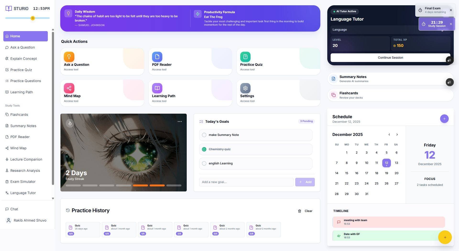 Dashboard of STURIO, the best free study app